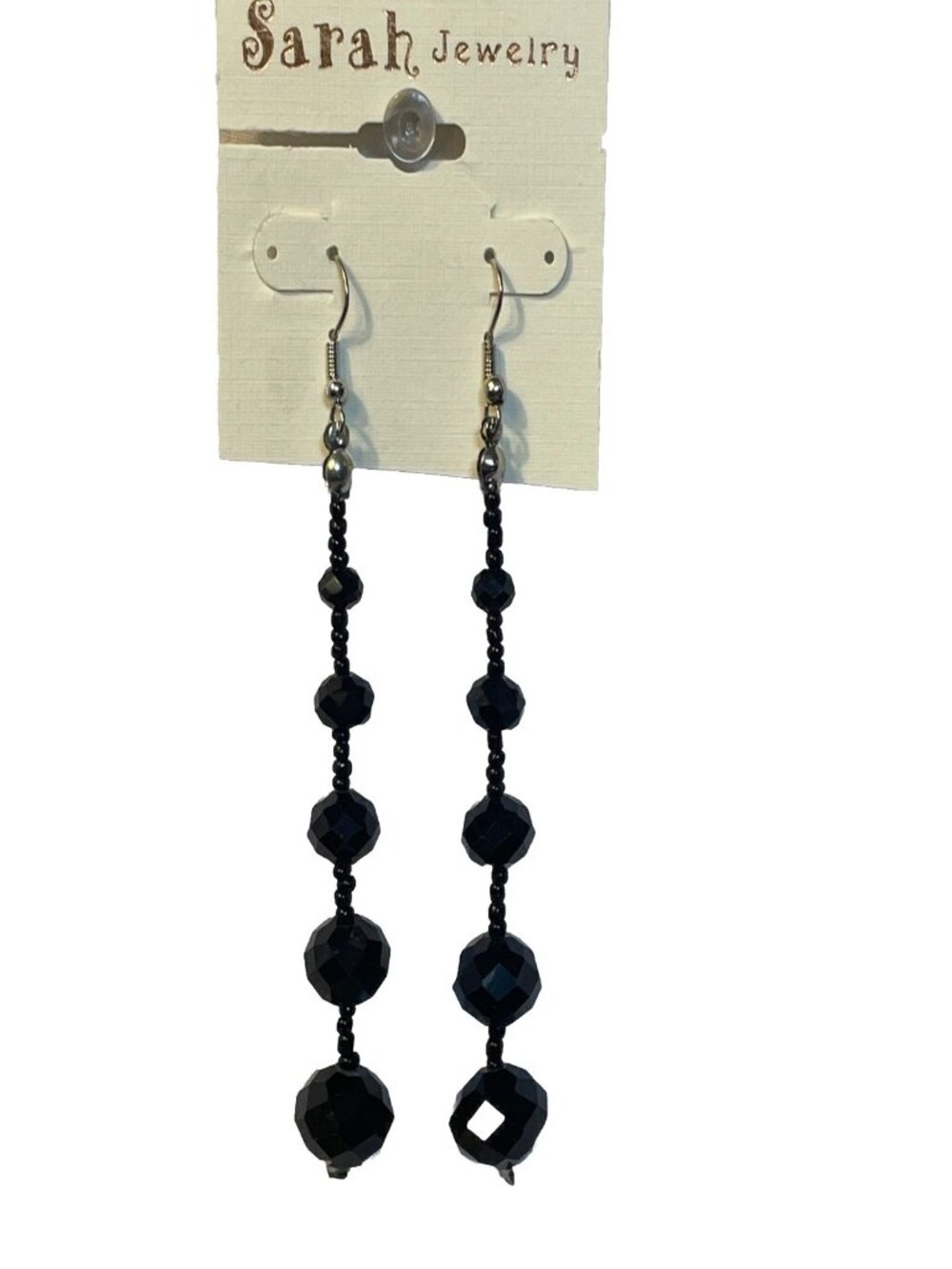 Long Black Beaded Dangle Earrings 3.75" Sarah Jewelry Faceted Acrylic Drop Goth